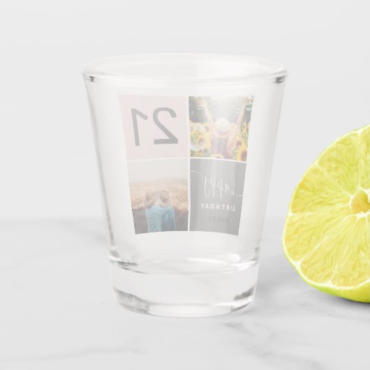 Modern 21-jarig roze 2 fotocollage raster shot glas (Achterkant)