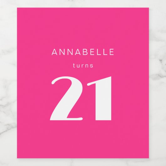 Modern 21st Twenty One Hot Roze Verjaardagsfeest Wijn Etiket (Enkel label)