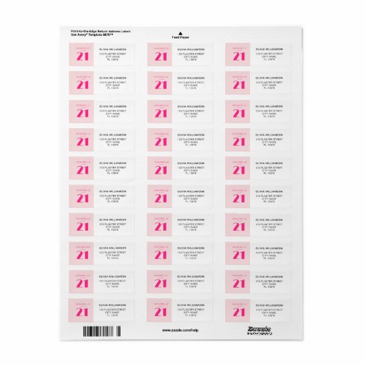 Modern 21st Twenty One Roze Verjaardagsfeest Etiket (Full Sheet)