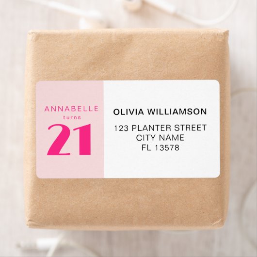 Modern 21st Twenty One Roze Verjaardagsfeest Etiket (Insitu)