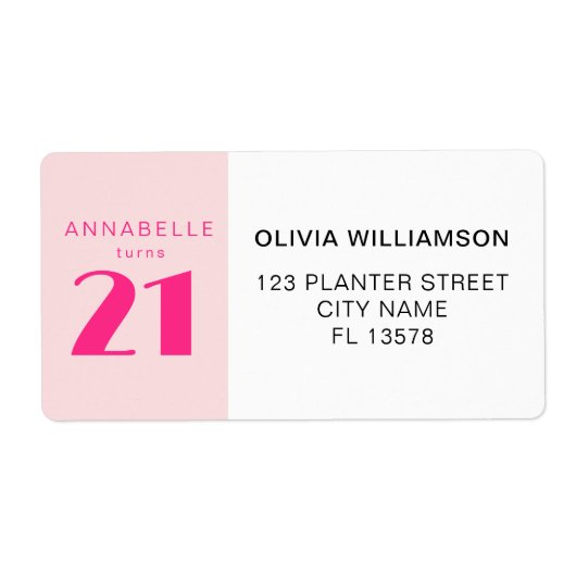 Modern 21st Twenty One Roze Verjaardagsfeest Etiket (Voorkant)
