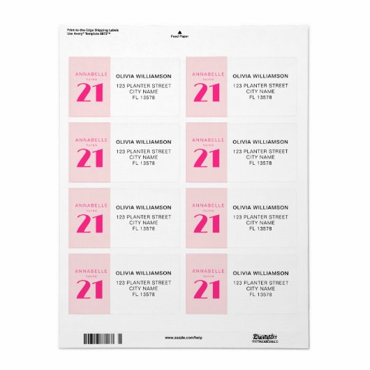 Modern 21st Twenty One Roze Verjaardagsfeest Etiket (Full Sheet)