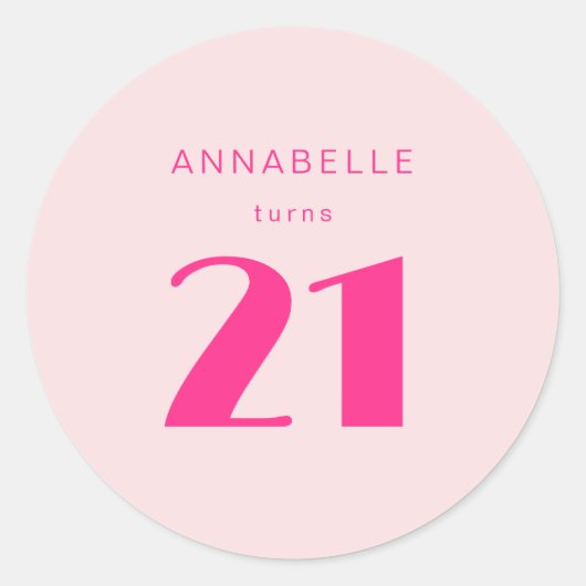 Modern 21st Twenty One Roze Verjaardagsfeest Ronde Sticker (Voorkant)