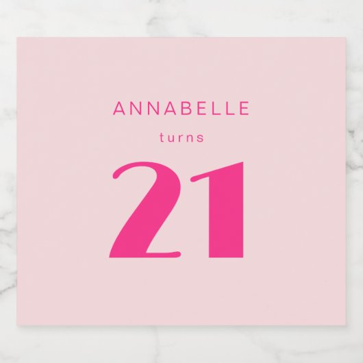 Modern 21st Twenty One Roze Verjaardagsfeest Sparkling Wijnetiket (Enkel label)