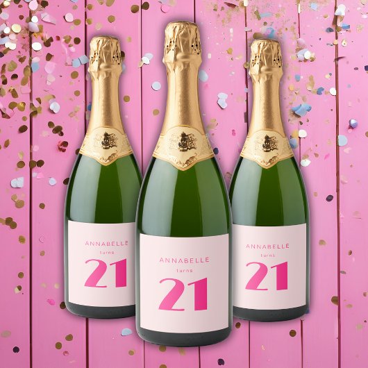 Modern 21st Twenty One Roze Verjaardagsfeest Sparkling Wijnetiket