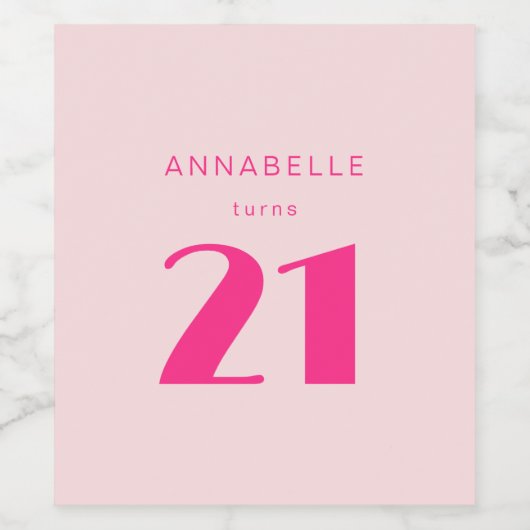 Modern 21st Twenty One Roze Verjaardagsfeest Wijn Etiket (Enkel label)