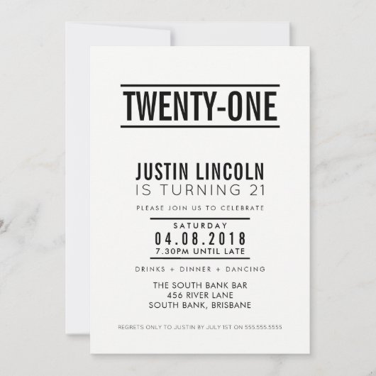 MODERN 21ST verjaardagsfeest UITNODIGEN effen zwar Kaart (Voorkant)