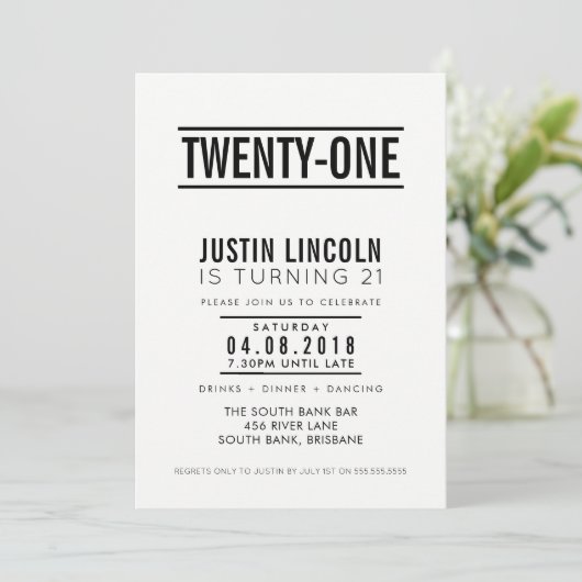 MODERN 21ST verjaardagsfeest UITNODIGEN effen zwar Kaart (Staand voorkant)