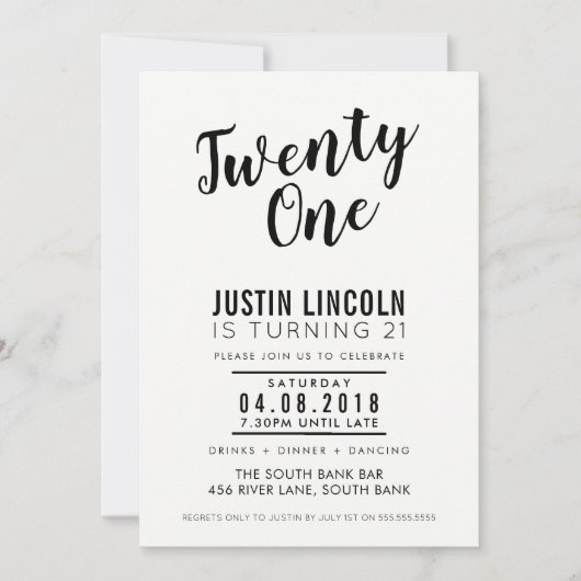 MODERN 21ST verjaardagsfeest UITNODIGEN effen zwar Kaart (Voorkant)
