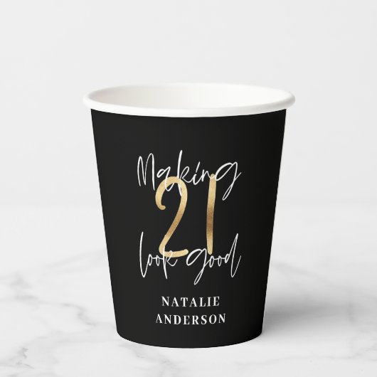 modern , 21ste verjaardag , zwart en goud papieren bekers (Achterkant)