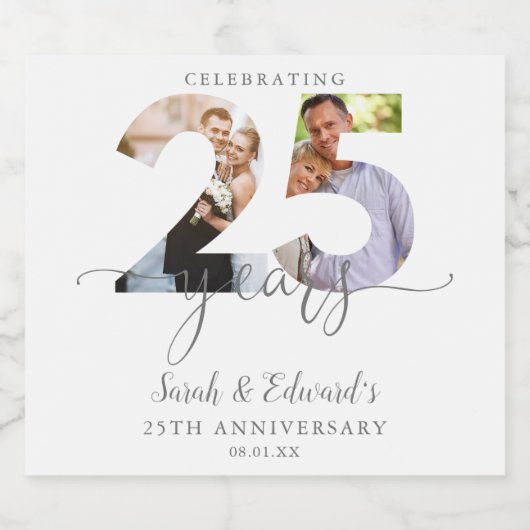 Modern 25th Wedding Jubileum 2 Foto Sparkling Wijnetiket (Enkel label)