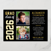 Modern 2 Foto Black en Gold Graduation Party Folie Uitnodiging (Voorkant)