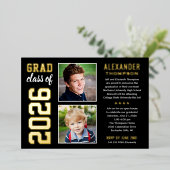 Modern 2 Foto Black en Gold Graduation Party Folie Uitnodiging (Staand Voorkant)