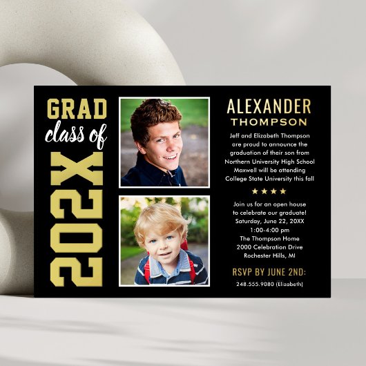 Modern 2 Foto Black en Gold Graduation Party Folie Uitnodiging