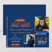 Modern 2 foto blauw & Sinaasappel Afstuderen aanko Aankondiging (Voorkant / Achterkant)