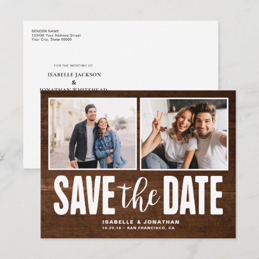 Modern 2 Foto donker hout Bespaar de Datum Aankondigingskaart (Voorkant / Achterkant)