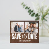 Modern 2 Foto donker hout Bespaar de Datum Aankondigingskaart (Staand voorkant)