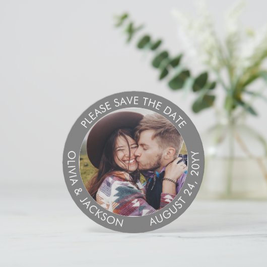 Modern 2 Foto grijs en White Unique Round Wedding Save The Date (Staand voorkant)