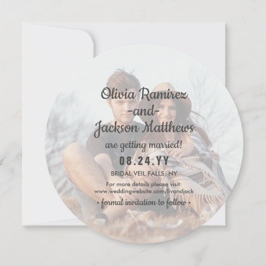 Modern 2 Foto grijs en White Unique Round Wedding Save The Date (Achterkant)