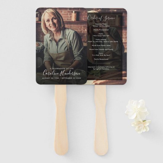 Modern 2-foto handgeschreven script begrafenisprog handwaaier (Voorkant en achterkant)