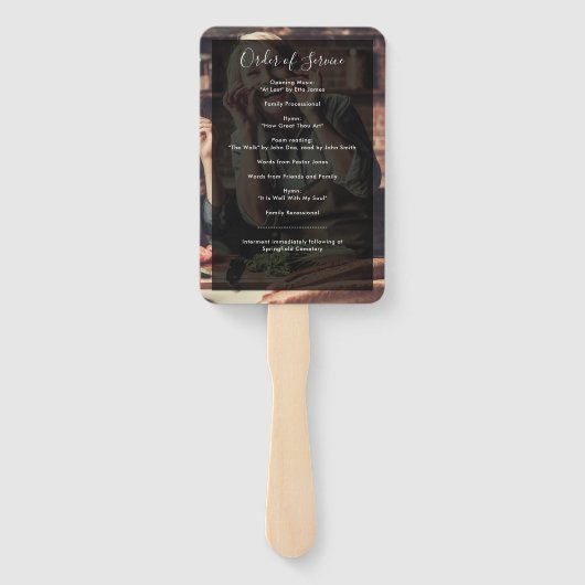 Modern 2-foto handgeschreven script begrafenisprog handwaaier (Achterkant)