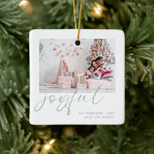 Modern 2 foto Joyful Blue Script Kerstmis Keramisch Ornament (Boom)