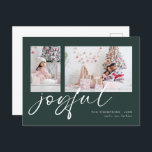 Modern 2 foto Joyful Script Christmas Green Feestdagenkaart<br><div class="desc">Modern 2 foto Joyful Script Christmas Donkergroen. Vervang de twee voorbeeldfoto's eenvoudig door uw eigen foto en personaliseer met uw namen. Joyful is in een stijlvolle speelse set script in het wit die kan worden veranderd in een andere kleur als je dat wilt.</div>