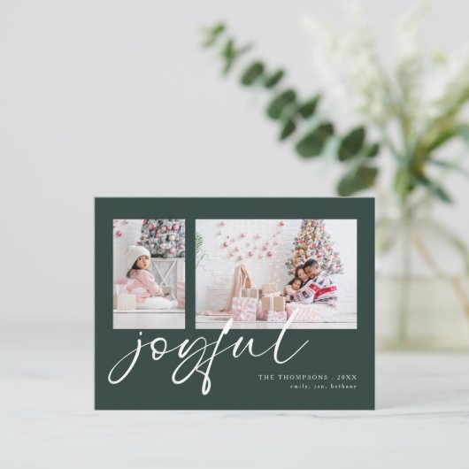 Modern 2 foto Joyful Script Christmas Green Feestdagenkaart (Staand voorkant)