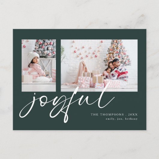 Modern 2 foto Joyful Script Christmas Green Feestdagenkaart (Voorkant)