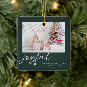 Modern 2 foto Joyful Script Christmas Green Keramisch Ornament