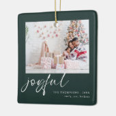 Modern 2 foto Joyful Script Christmas Green Keramisch Ornament (Links)