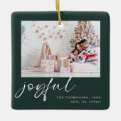 Modern 2 foto Joyful Script Christmas Green Keramisch Ornament (Voorkant)
