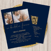 Modern 2 Foto QR Code Navy Gold Wedding Kaart