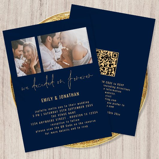 Modern 2 Foto QR Code Navy Gold Wedding Kaart