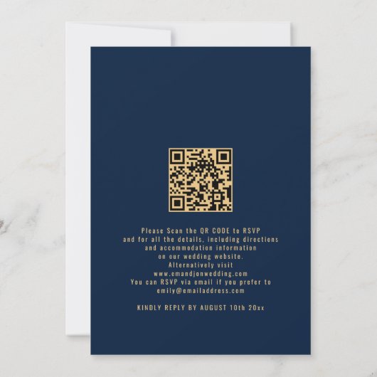 Modern 2 Foto QR Code Navy Gold Wedding Kaart (Achterkant)