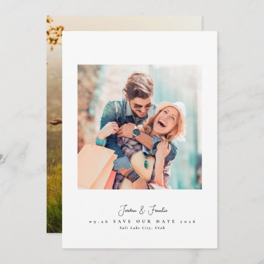 Modern 2 foto script zwart-wit bruiloft save the date (Voorkant / Achterkant)