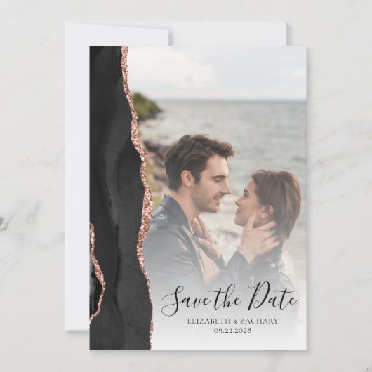 Modern 2-foto zwart Roos Gold Agate Save the Date (Voorkant)