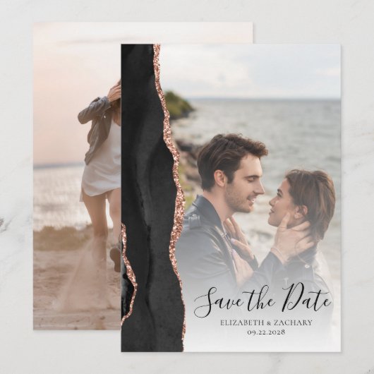 Modern 2-foto zwart Roos Gold Agate Save the Date (Voorkant / Achterkant)