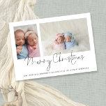 Modern 2 Fotocollage Baby Twins Eerste Kerstmis Feestdagenkaart<br><div class="desc">Familie 2 Fotocollage Baby Twins Eerste Kerstmis Kaart. Vervang de twee voorbeeldfoto's eenvoudig door uw eigen foto's en personaliseer ze met uw begroeting en namen onderaan. Vrolijk kerstfeest is in een stijlvol setscript. Ook verkrijgbaar als afdrukbare digitale download.</div>