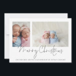 Modern 2 Fotocollage Baby Twins Eerste Kerstmis Feestdagenkaart<br><div class="desc">Familie 2 Fotocollage Baby Twins Eerste Kerstmis Kaart. Vervang de twee voorbeeldfoto's eenvoudig door uw eigen foto's en personaliseer ze met uw begroeting en namen onderaan. Vrolijk kerstfeest is in een stijlvol setscript. Ook verkrijgbaar als afdrukbare digitale download.</div>
