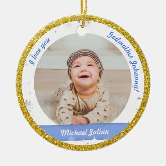 Modern 2 Foto's Baby Boy 1st Kerstman Godmoeder Keramisch Ornament (Voorkant)