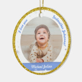 Modern 2 Foto's Baby Boy 1st Kerstman Godmoeder Keramisch Ornament (Links)