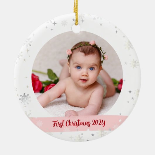 Modern 2 Foto's Baby Girl Eerste Kerstfeest Keramisch Ornament (Achterkant)