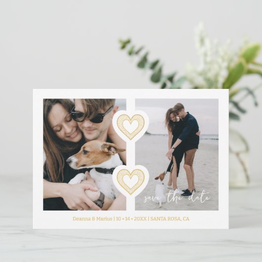 Modern 2 Multi Foto's & 2 Kanten Harten Wit & Goud Save The Date (Staand voorkant)
