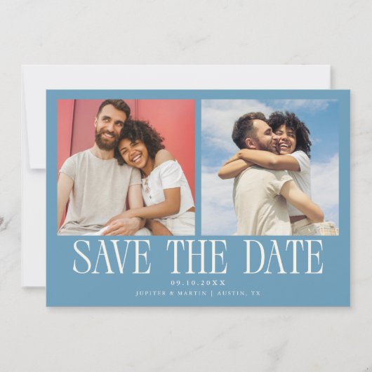 Modern 2-Photo Denim Blue Wedding Save The Date (Voorkant)