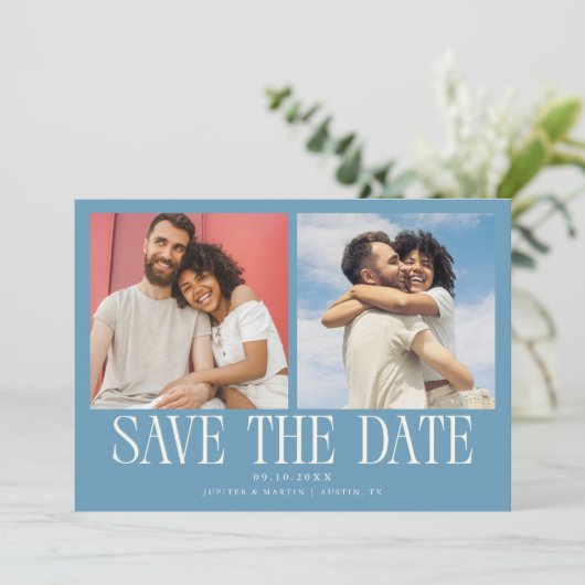 Modern 2-Photo Denim Blue Wedding Save The Date (Staand voorkant)
