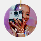 Modern 2 Photo Name Retro Christmas Holiday Keramisch Ornament (Voorkant)