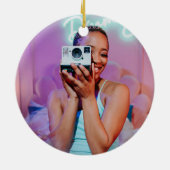 Modern 2 Photo Name Retro Christmas Holiday Keramisch Ornament (Achterkant)