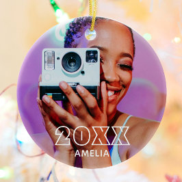 Modern 2 Photo Name Retro Christmas Holiday Keramisch Ornament