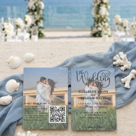 Modern 2 Photo QR Code Romantic Script Wedding Inv Kaart